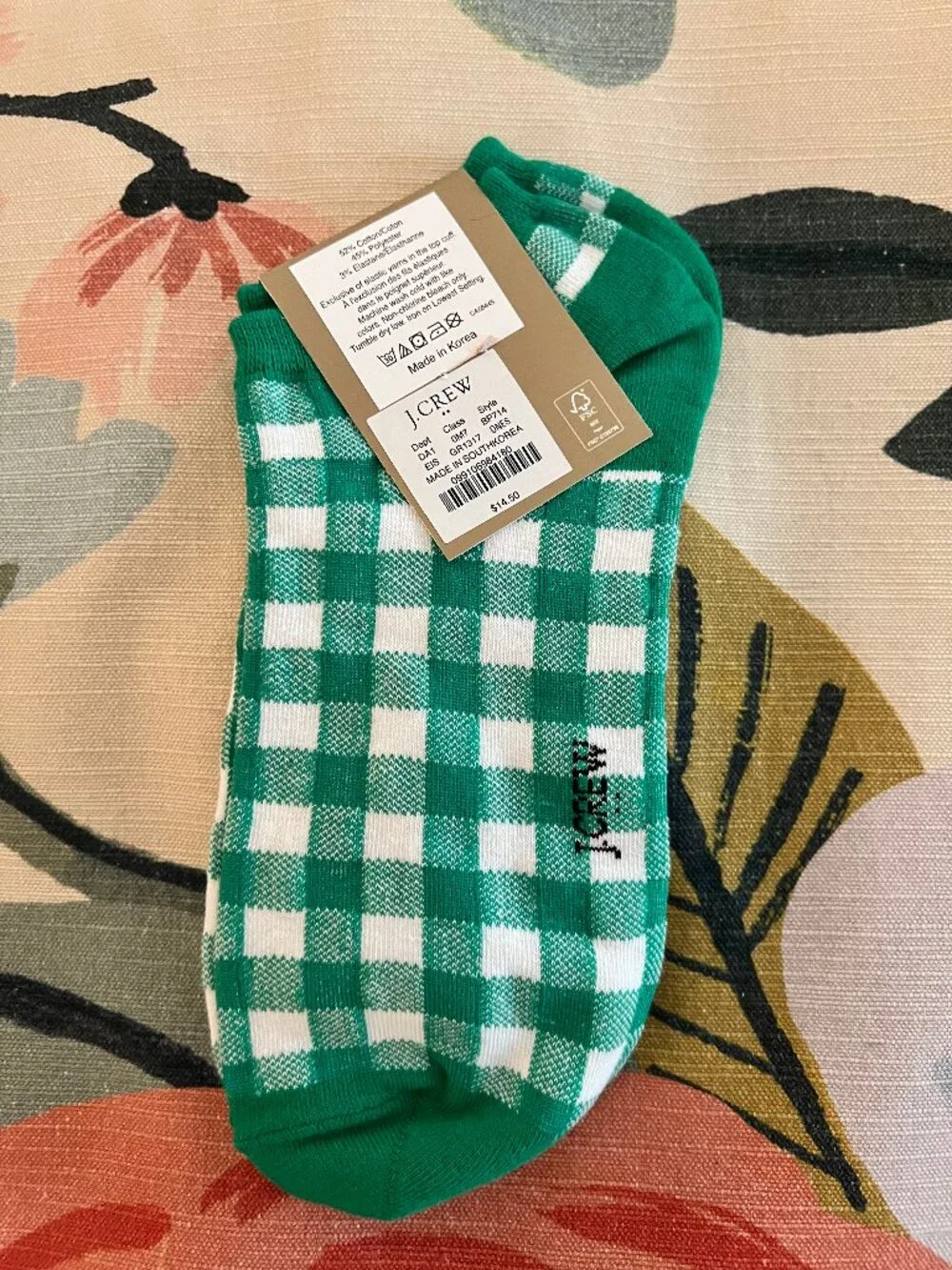 J. Crew Ankle Gingham Green Socks NWT